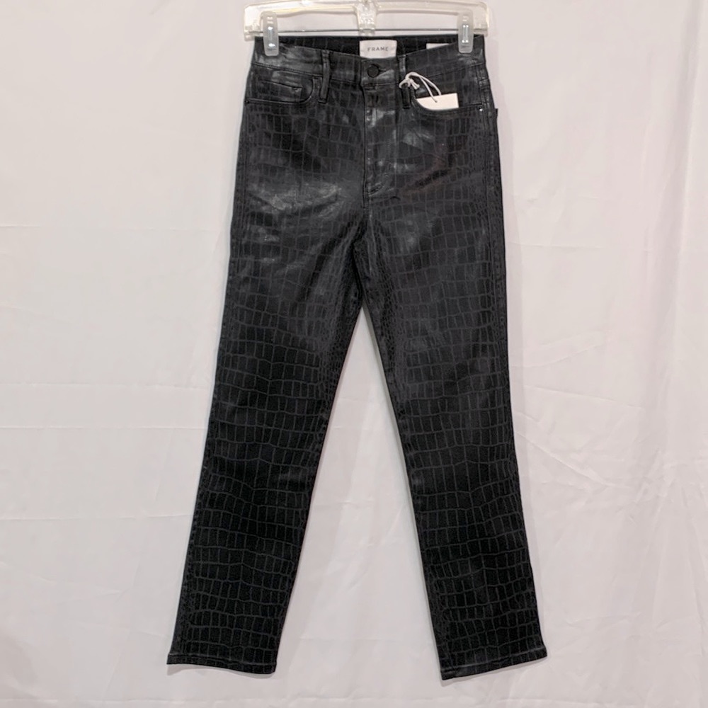 FRAME Le Sylvie High Rise straight Fit Noir croc coated jeans NWT size 27